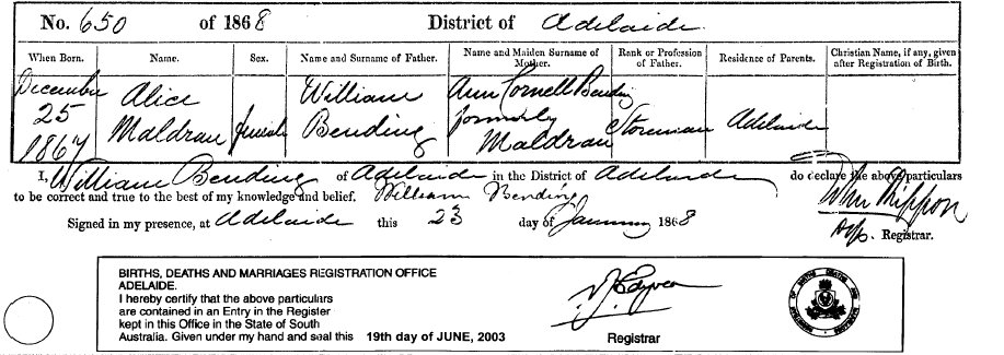 Alice's birth certificate